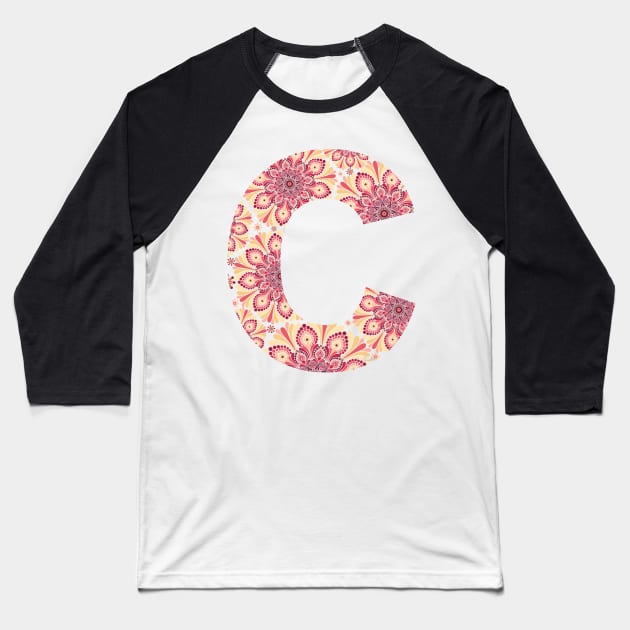 Floral Mandala Capital Letter C Sunset Baseball T-Shirt by Shaseldine